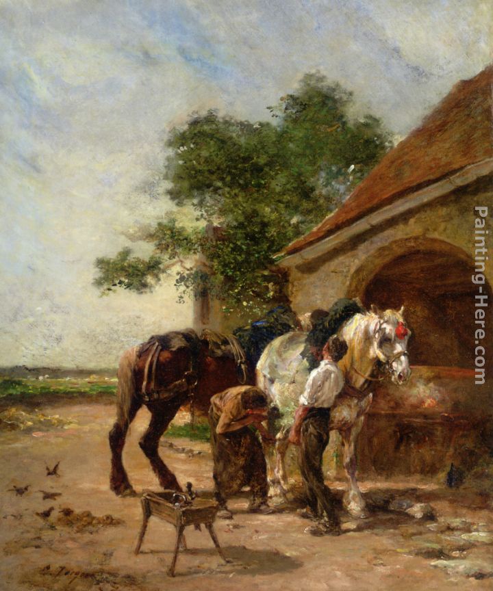 Attending to the horses painting - Charles Emile Jacque Attending to the horses art painting